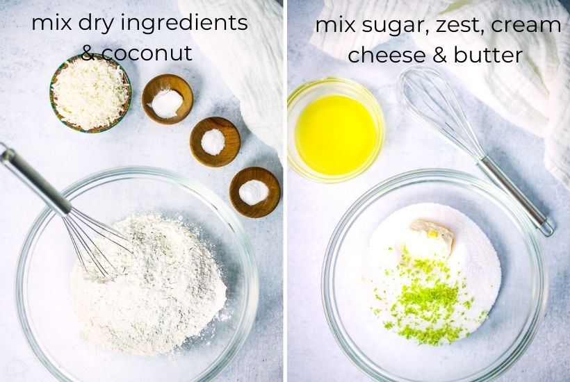 two image collage showing dry ingredients being mixed with coconut in a glass bowl then the other ingredients being added