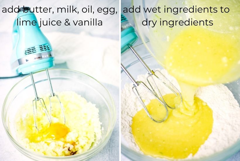two image showing the cookie dough being mixed with a hand mixer