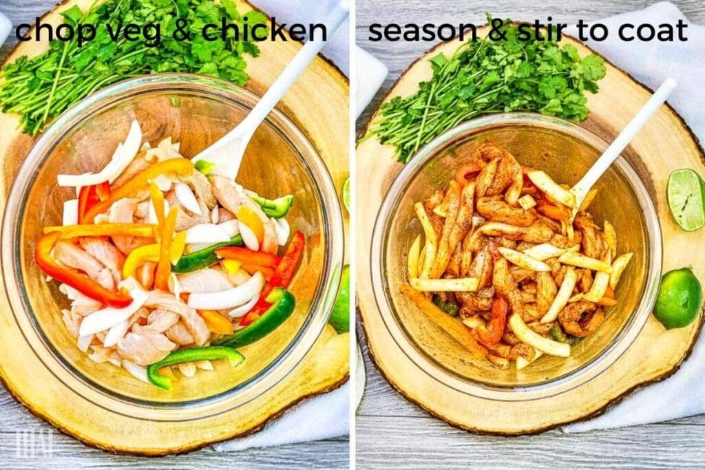 two image collage showing chopped veggies and fajita seasoning being added