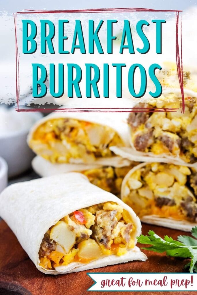 close up of make ahead breakfast burritos with text overlay