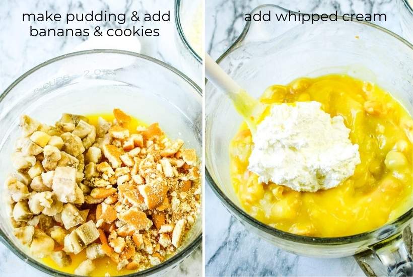 pudding and cookies being mixed together and whipped cream being added in a glass bowl