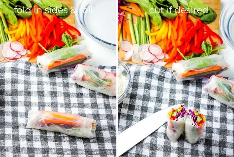 two image collage showing how to fold and cut the summer roll rice wrapper