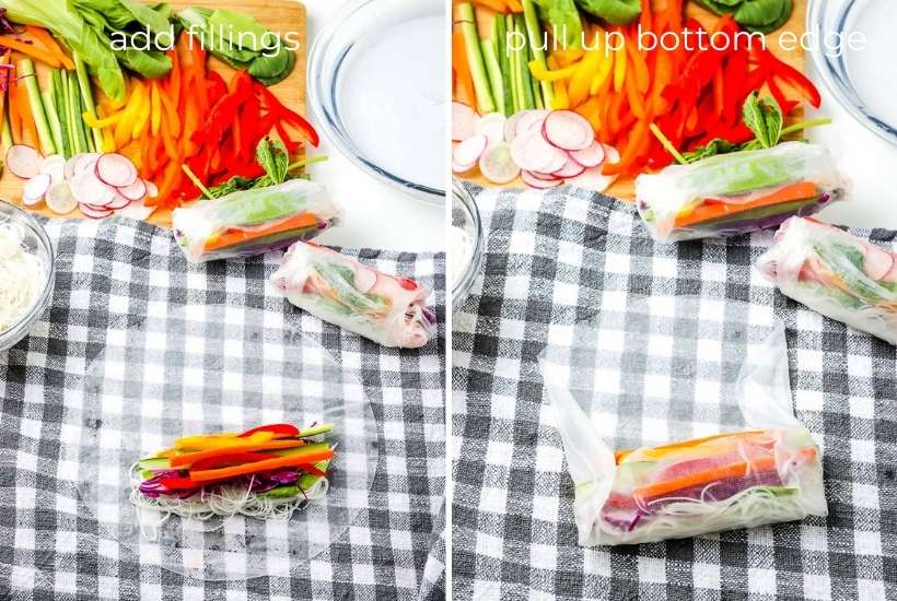 two image collage showing summer rolls being assembled