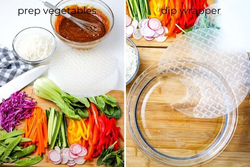two image collage showing veggies being prepped and wrappers being dipped