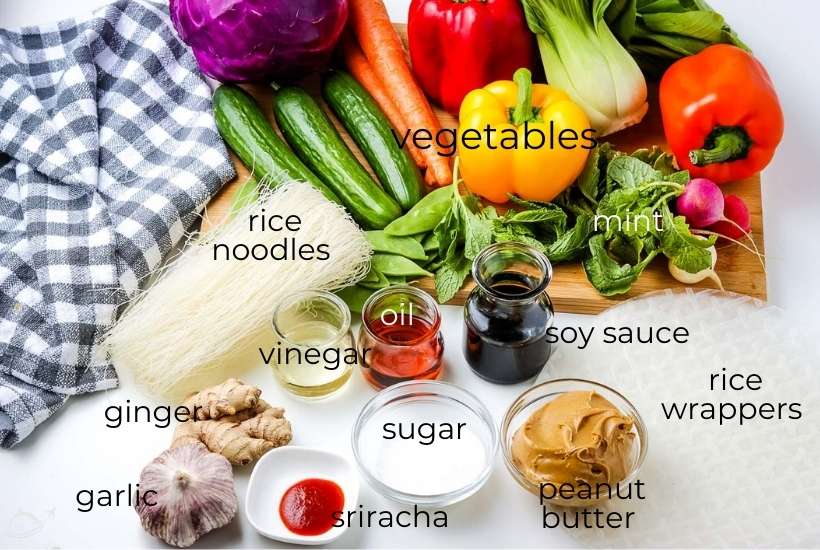 ingredients labeled to make summer rolls and homemade peanut sauce