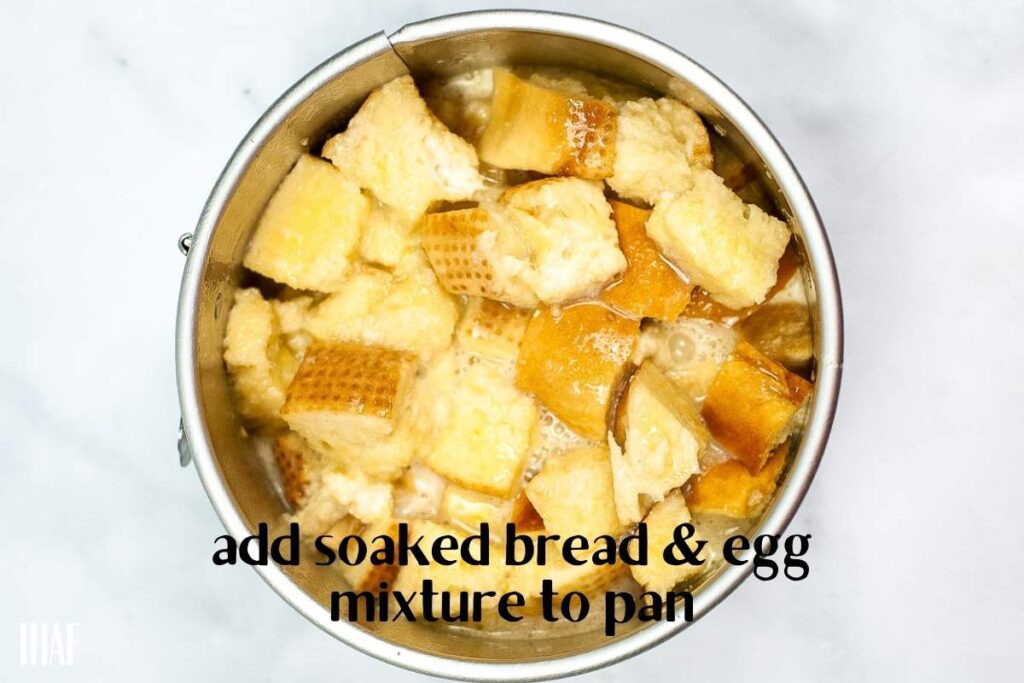 bread being soaked in egg mixture for bread pudding