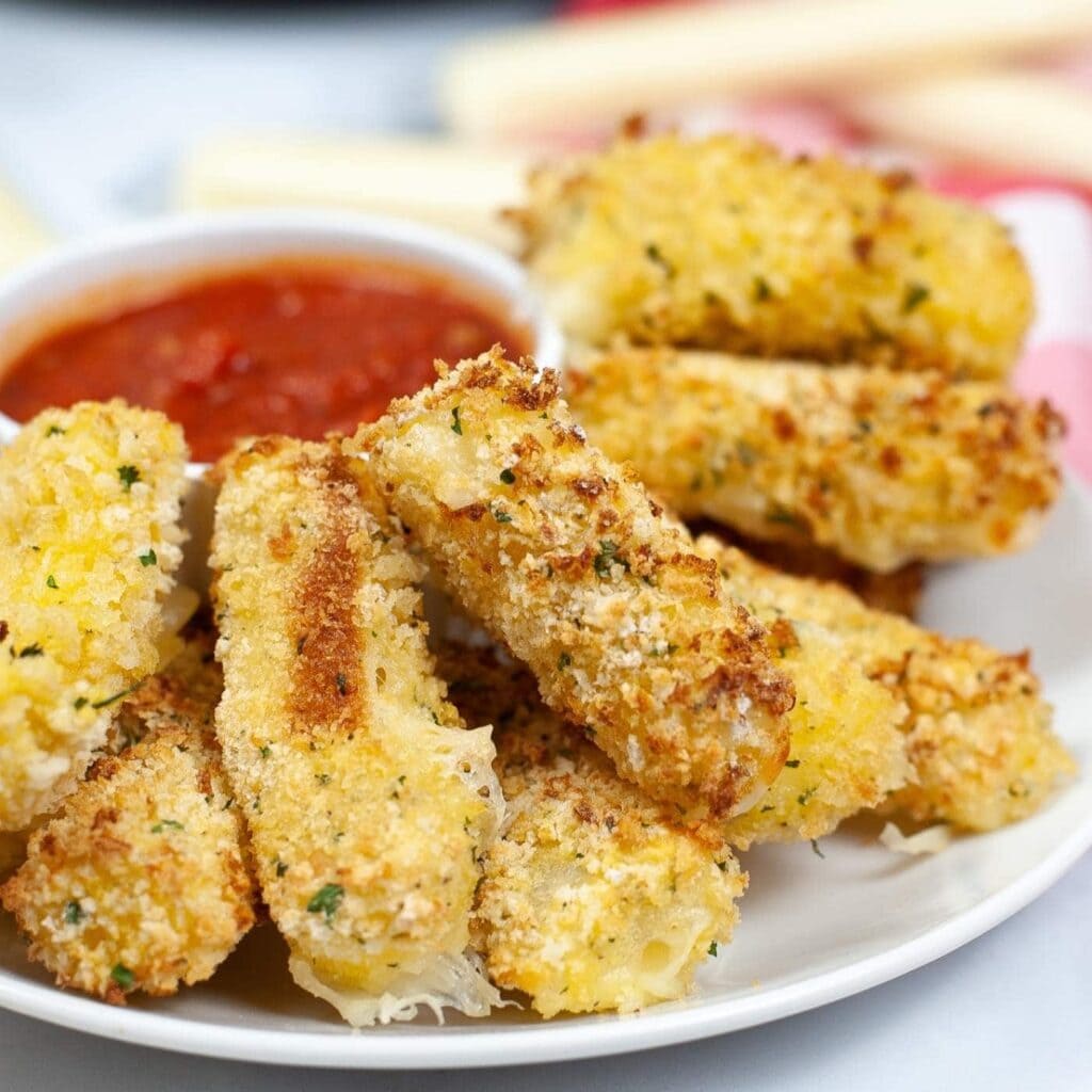 Close up view of air fried mozzarella sticks on a plate with marinara sauce.