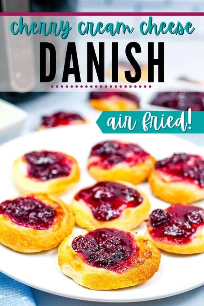 a plate of cherry cheese danishes after cooking with text overlay