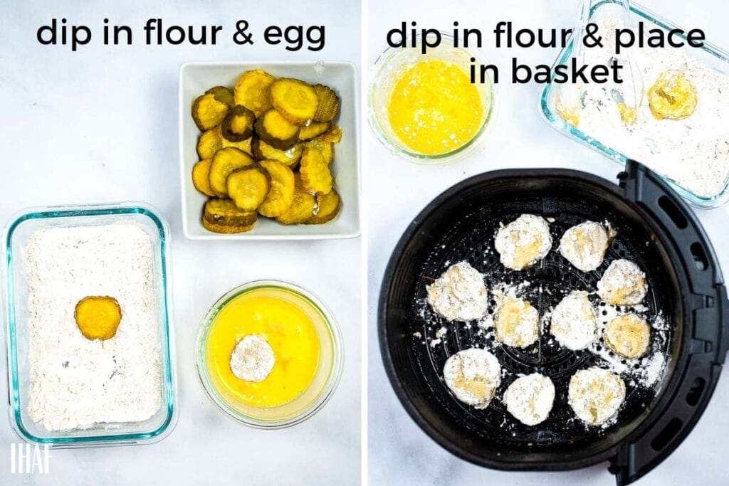 Two image collage showing dredging station and breaded pickles in the air fryer basket.