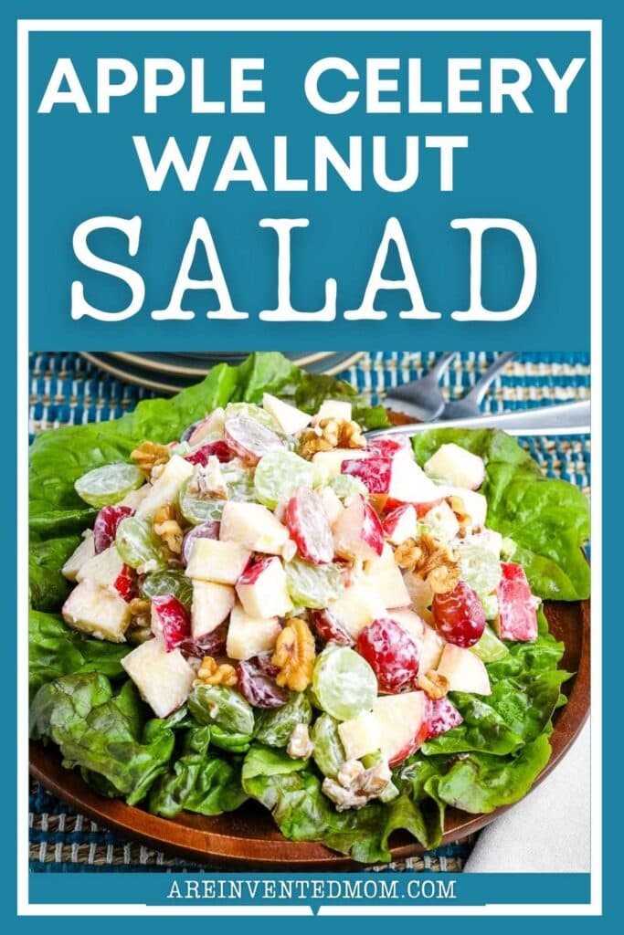 Apple celery walnut salad on a bed of lettuce with text overlay