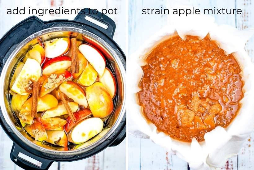 two image collage showing the ingredients in the instant pot then the apple mixture being strained