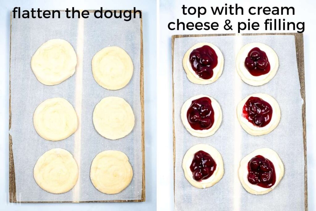 two image collage showing the pillsbury rolls being flatten and the cherry filling being added