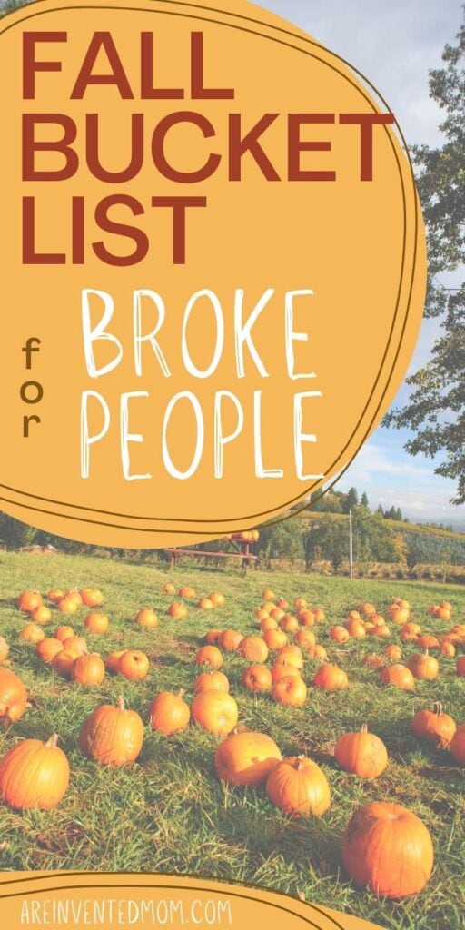 field of pumpkins with Fall Bucket List for Broke People graphic overlay