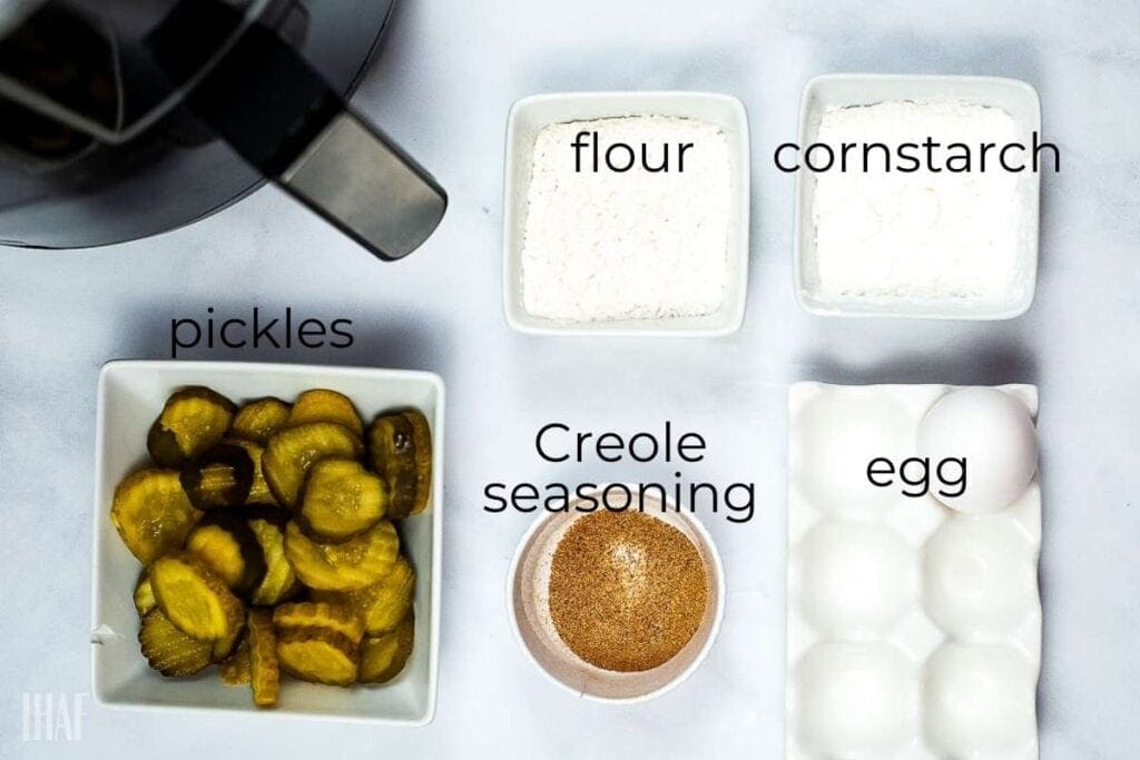 Labeled ingredients for fried pickles.