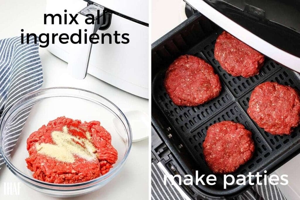 two image collage showing fresh hamburger patties being made and placed in the air fryer basket