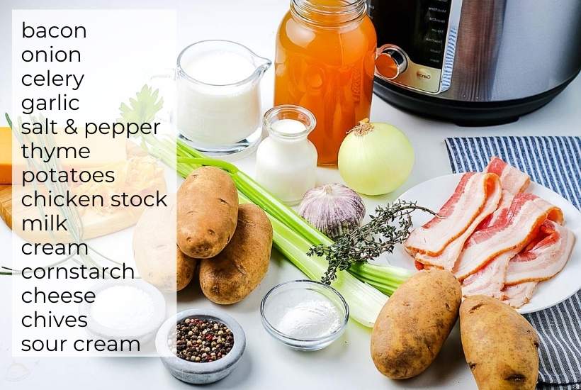 ingredients for loaded potato soup on a white counter top with pressure cooker in the background.