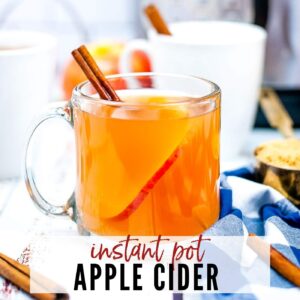 close up of apple cider with a cinnamon stick made with the instant pot with text overlay