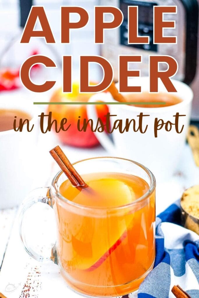 instant pot apple cider in a glass mug with cinnamon stick and text overlay