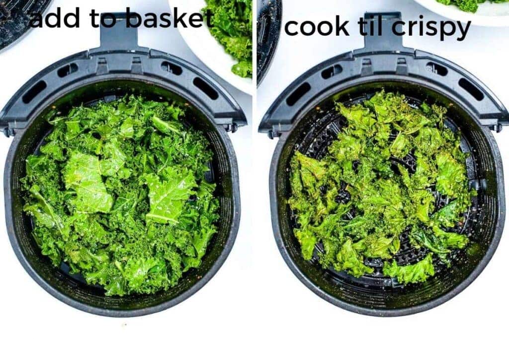 two image collage showing the kale going in the basket and after it's finished air frying