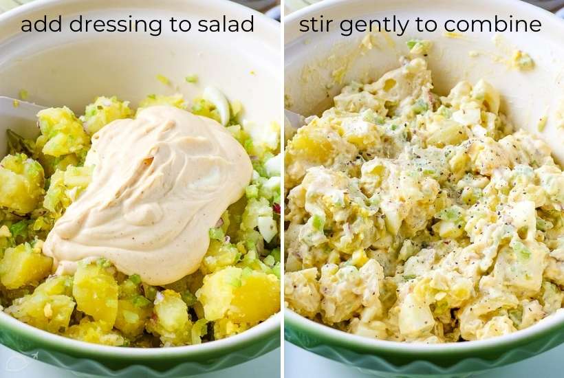 2 photo collage of adding mayonnaise to potato salad ingredients and mixing the salad