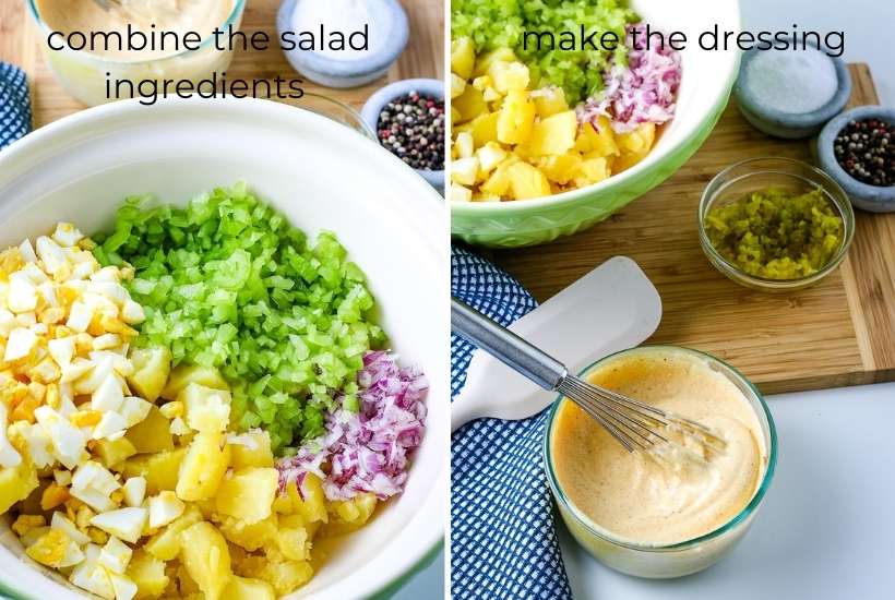 two photo collage showing potato salad ingredients in a bowl and making the dressing