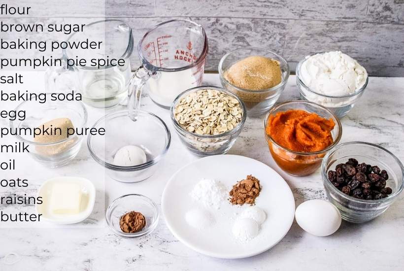 ingredients for pumpkin oat muffins with text overlay