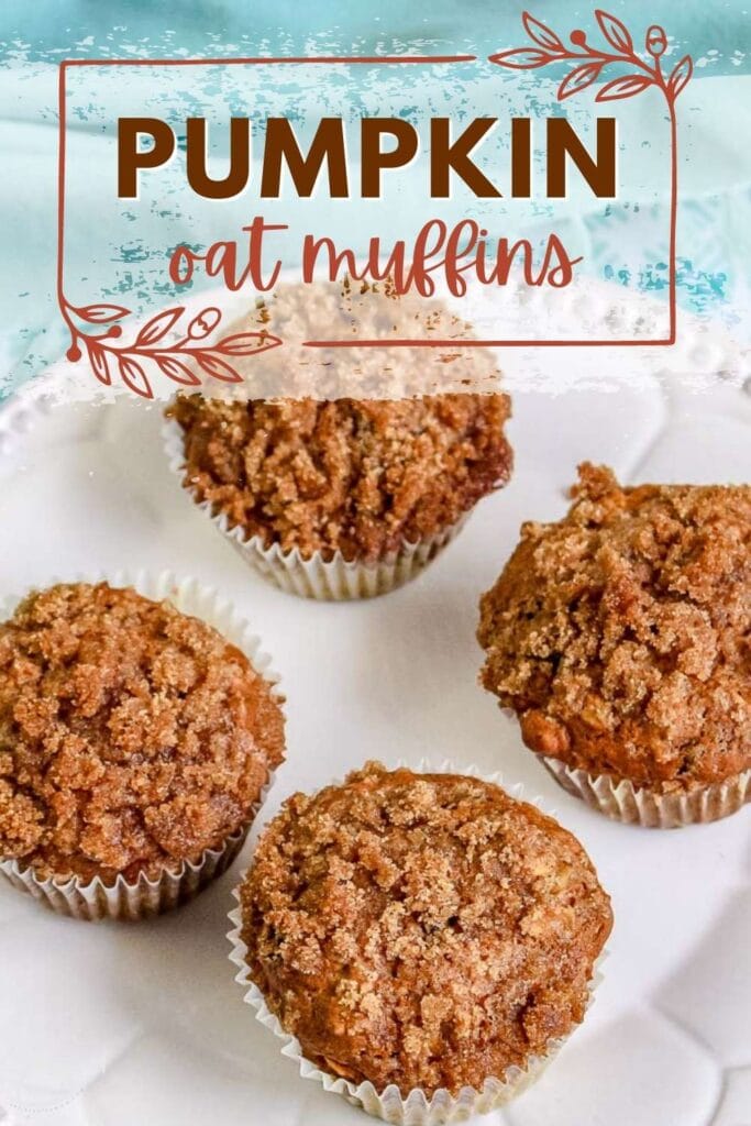 four pumpkin oat muffins on a white plate with text overlay