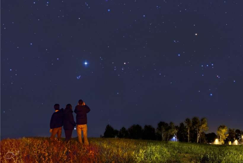 three people in a field looking at the stars and night sky