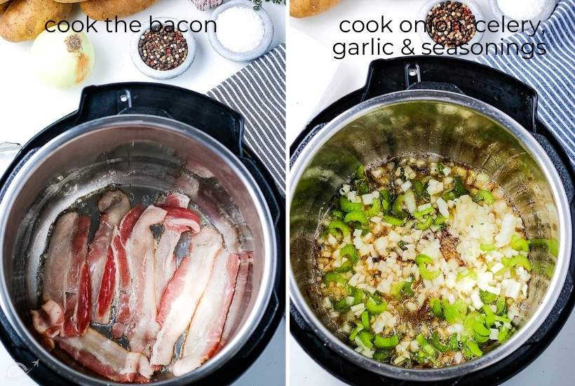 two photo collage of bacon cooking  and veggies and seasonings being added afterwards.