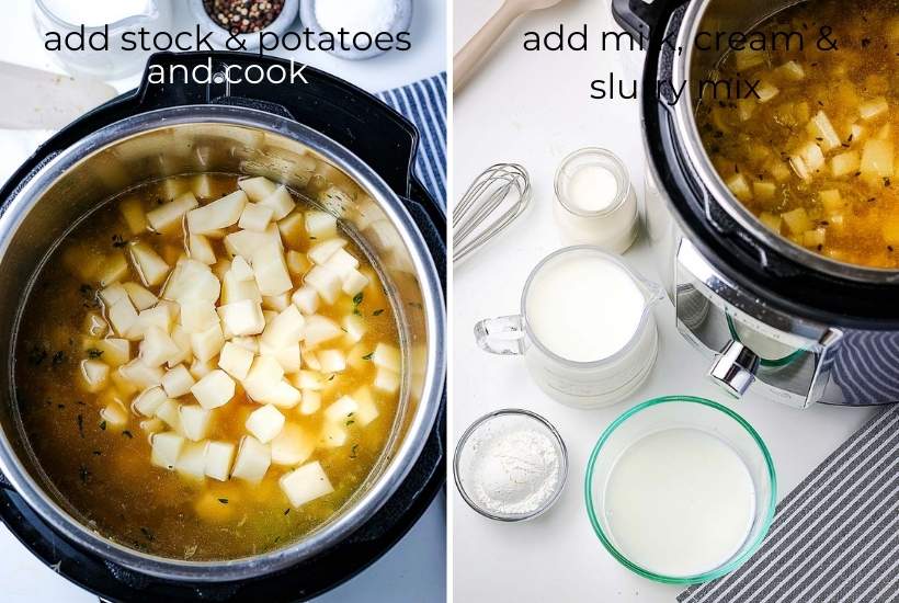 two photo collage of potatoes and chicken stock being added to the pressure cooker, then the milk and cream.
