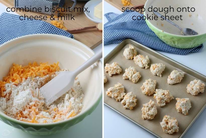 Two image collage showing the Bisquick being added to a mixing bowl with the cheese and dough balls on a cookie sheet.