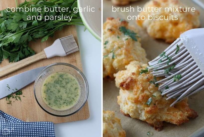 Two image collage of the seasoned garlic butter in a bowl and being brushed on the cooked biscuits.