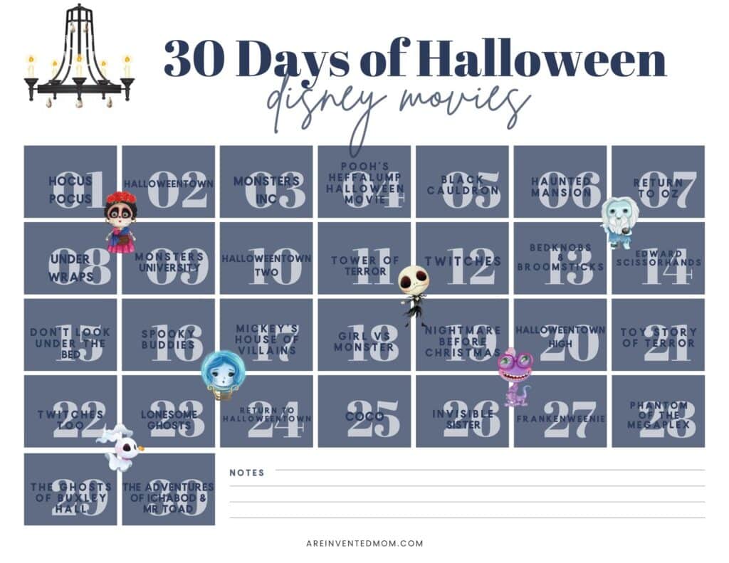 calendar of Halloween movies for 30 days of Disney