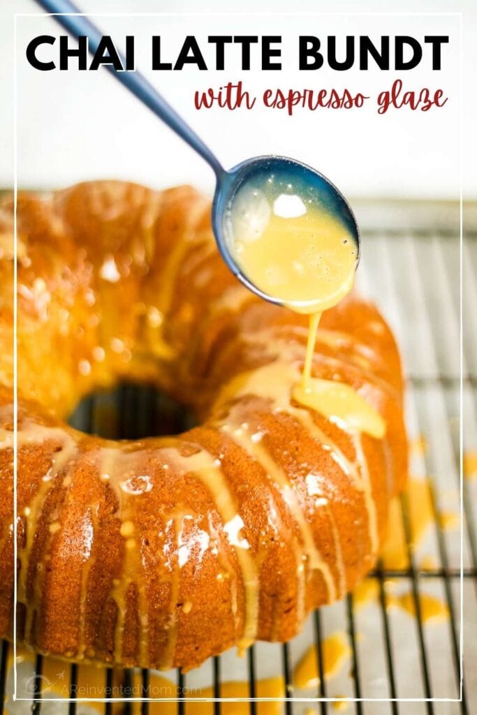 chai bundt cake being drizzled with an  spoon with text overlay