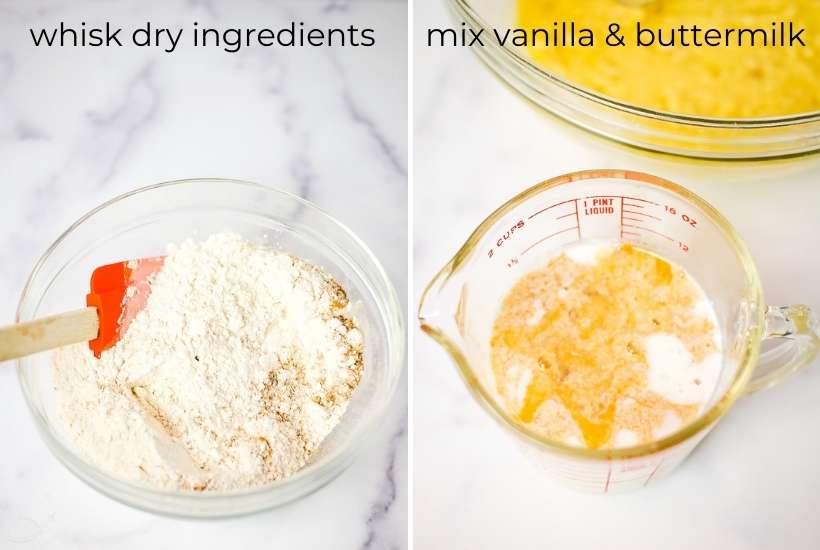 photo collage of combining dry ingredients in a bowl and combining vanilla and buttermilk in a measuring cup.