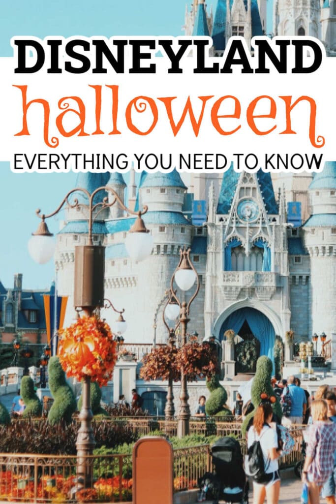 Disney castle with Fall decorations and Disneyland Halloween graphic overlay