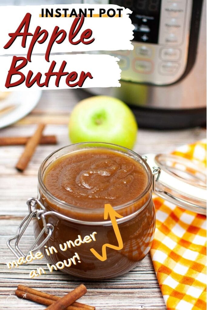 instant pot apple butter in a small glass jar with text overlay