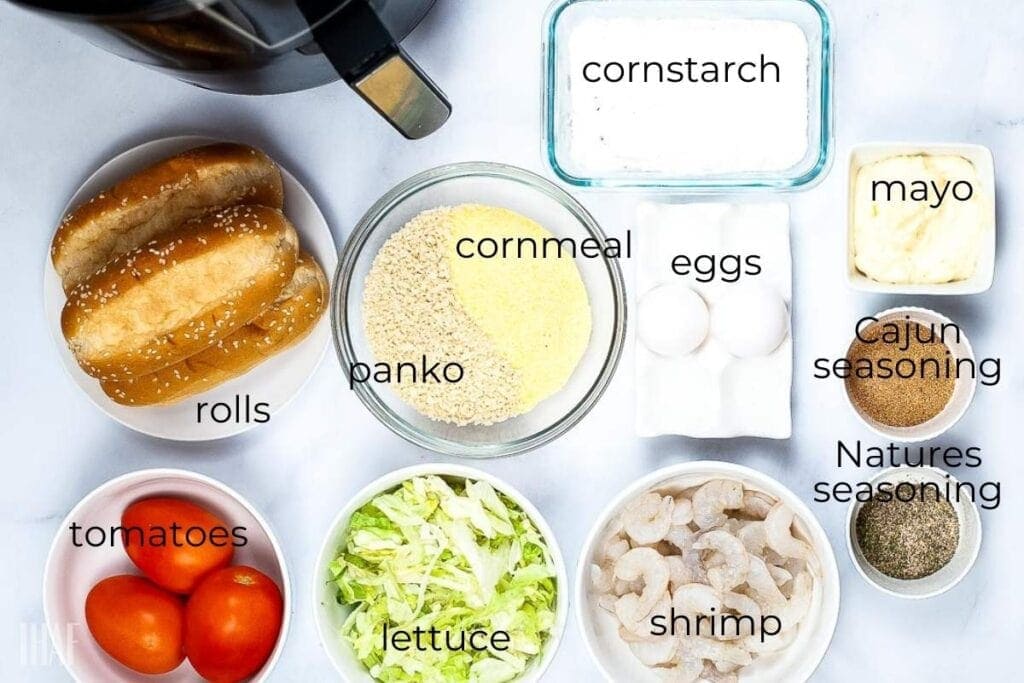 ingredients labeled to make shirmp po boys in the air fryer