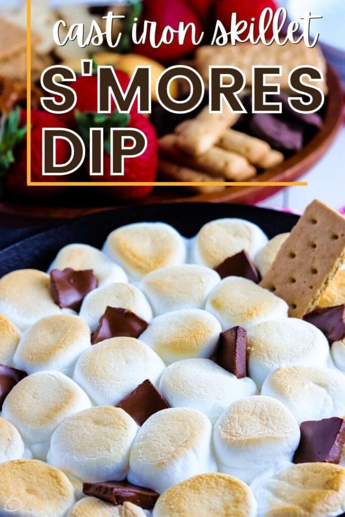 baked smores dip in a cast iron skillet with text overlay