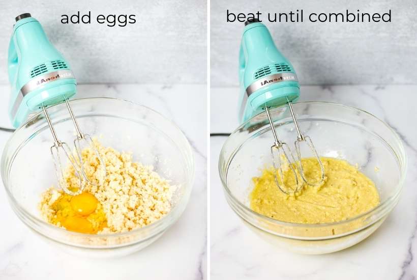 two image collage showing the eggs cracked into the bowl and then mixed together.