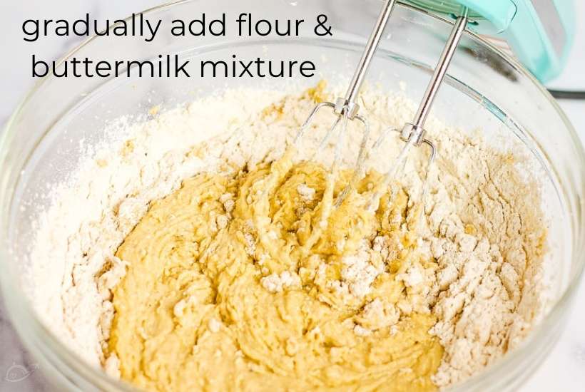 combining the dry ingredients with the wet ingredients with an electric mixer.