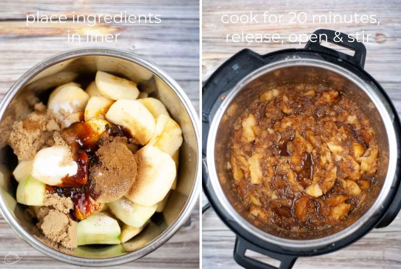 two image collage with apple butter ingredients in the inner pot then showing after it's cooked