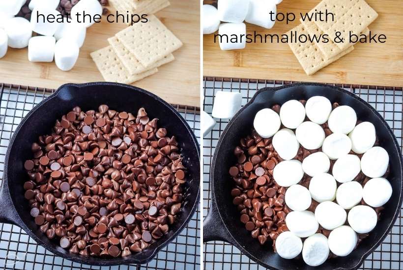 two image collage showing chocolate chips being melted in a skillet then adding the marshmallows