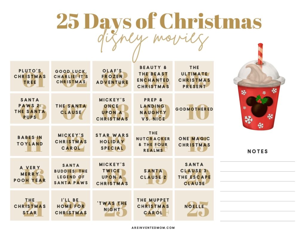 printable calendar for 25 days of christmas disney movies