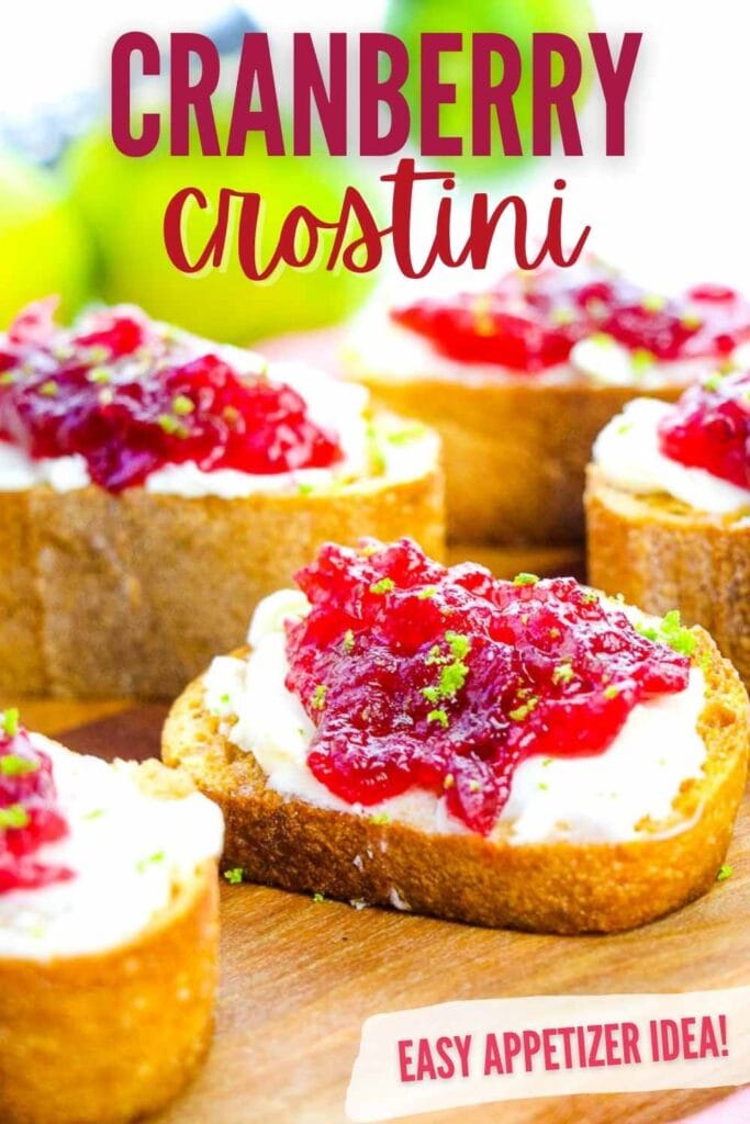 cranberry crostini on a cutting board with text overlay