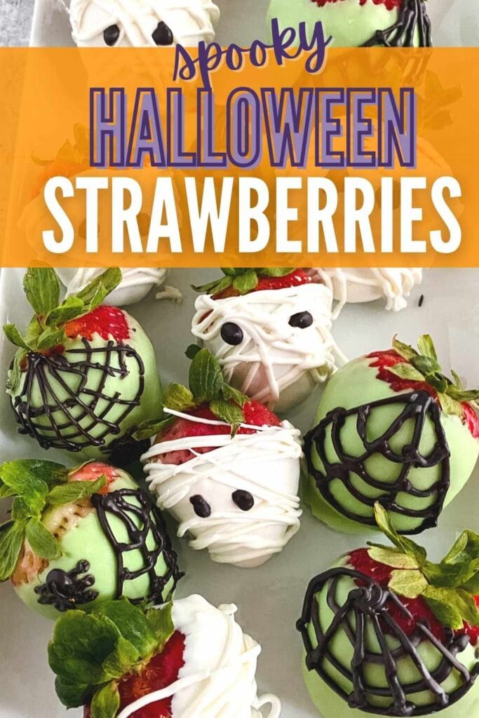halloween chocolate covered strawberries on a white plate with text overlay