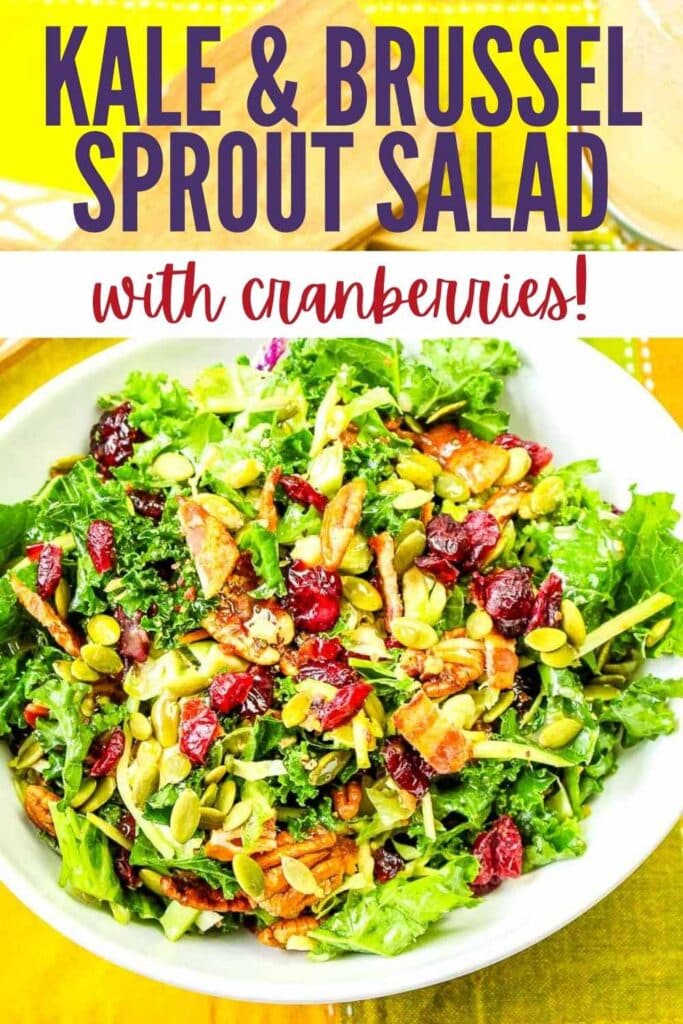 Kale and Brussel Sprout Salad with Cranberries and pecans with text overlay