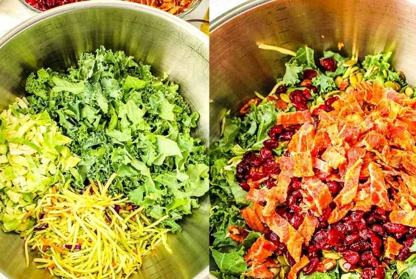 two image collage showing kale and brussel sprout salad being put together