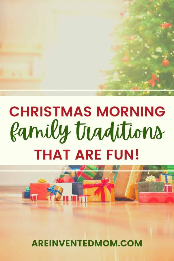 christmas morning with presents and a decorated christmas tree with text overlay