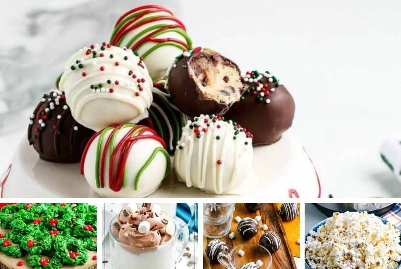 a series of 5 images of christmas snack ideas for movie night